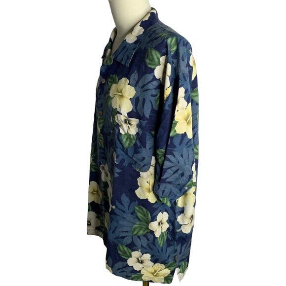 Island Sport Button Up Hawaiian Silk Shirt XXL Blue Floral Short Sleeve Pocket - Picture 3 of 6